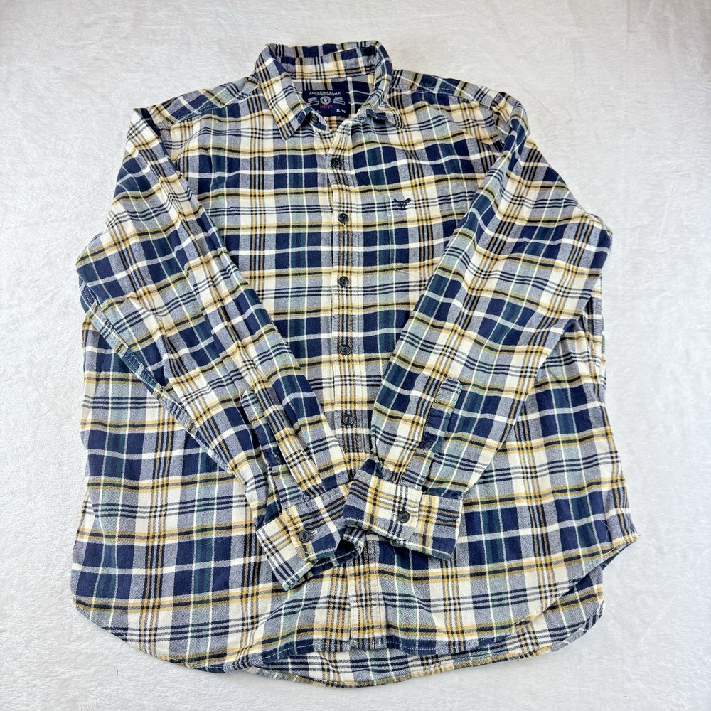 American Eagle Flannel Shirt Mens XL Navy Yellow Plaid Prep Fit Cotton Grunge